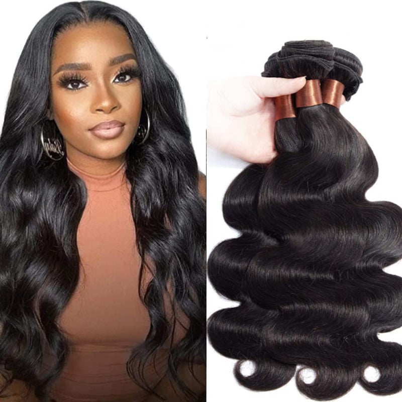 Angie Queen Body Wave Bundles Human Hair 20 22 24 Inch Unprocessed Brazilian Virgin Hair 3 Bundles Remy Human Hair Weave Real Human Hair Extensions Nature Black Color
